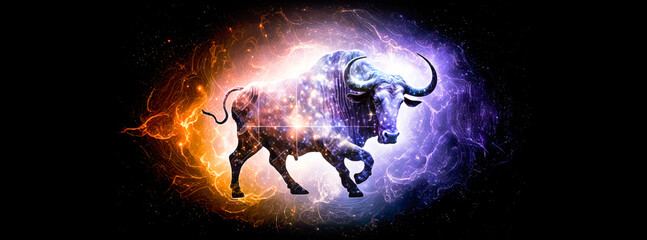 Taurus zodiac sign April to May.  Image of Taurus ancient zodiac sign on a black background was created with generative ai. 