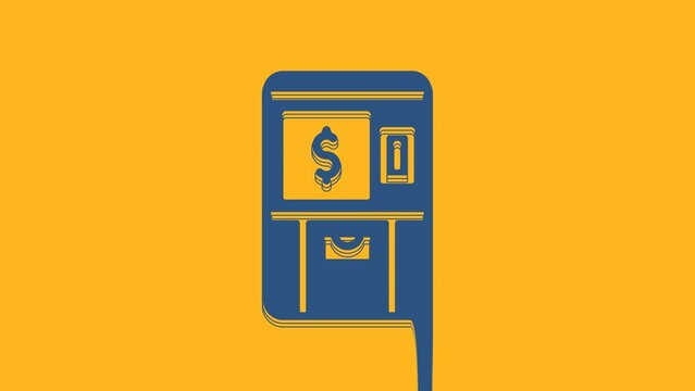 Blue ATM - Automated teller machine and money icon isolated on orange background. 4K Video motion graphic animation