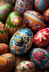 Fototapeta premium Easter eggs. Painted easter eggs with floral pattern. Happy Easter background. Generative ai illustration