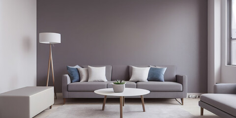 Fototapeta premium Stylish scandinavian living room with design mint sofa, furnitures, mock up poster map, plants and elegant personal accessories. Modern home decor. Bright and sunny room. Generative AI illustration.