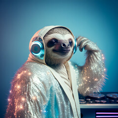 Fashionable portrait of anthropomorphic cute sloth dj illustration Generative AI