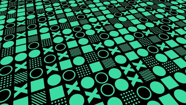 Repeating pattern of geometric shapes with circle, square and X abstract background