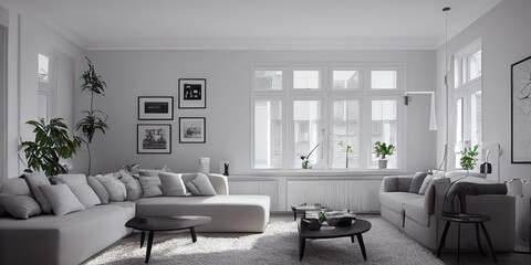 Fototapeta premium Stylish scandinavian living room with design mint sofa, furnitures, mock up poster map, plants and elegant personal accessories. Modern home decor. Bright and sunny room. Generative AI illustration.