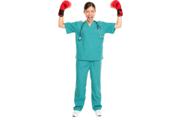 Medical nurse / doctor boxing challenge concept image. Young nurse in scrubs and boxing gloves showing strength and muscles standing in full length isolated in transparent PNG.