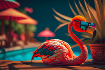 Bright flamingo bird in sunglasses rests on the beach by the pool under palm trees with a glass. Beautiful exotic tropical summer elegant holiday vacation concept. Generative AI - obrazy, fototapety, plakaty