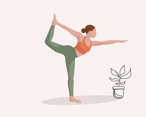 Brunett girl doing yoga pilates gymnastics sport in orange and green sport form in faceless style on background with drawing flowers