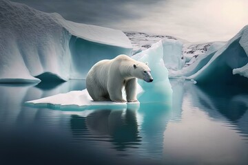 A Polar Bear on a Melting Iceberg and Ice Floes in Antarctica. Glacier is melting. The effect of global warming. Climate change. Nature damaged. Generative AI