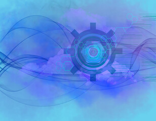 Fondo azul transparente tecnológico, con una rueda dentada y símbolos de internet.