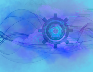 Fondo azul transparente tecnológico, con una rueda dentada y símbolos de internet.