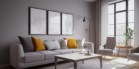 Stylish scandinavian living room with design mint sofa, furnitures, mock up poster map, plants and elegant personal accessories. Modern home decor. Bright and sunny room. Generative AI illustration.