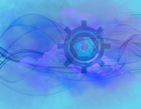 Fondo azul transparente tecnológico, con una rueda dentada y símbolos de internet.