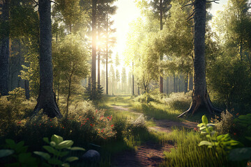 Beautiful forest in spring with bright sun shining through the trees, generative ai