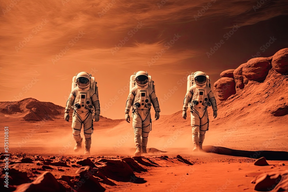 Wall mural astronauts on mars in spacesuits walk across the martian desert. studies of the red planet. generati