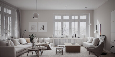 Stylish scandinavian living room with design mint sofa, furnitures, mock up poster map, plants and elegant personal accessories. Modern home decor. Bright and sunny room. Generative AI illustration.