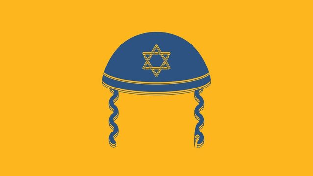 Blue Jewish kippah with star of david and sidelocks icon isolated on orange background. Jewish yarmulke hat. 4K Video motion graphic animation