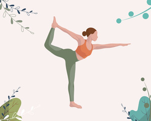 Brunett girl doing yoga pilates gymnastics sport in orange and green sport form in faceless style on pale yellow background with blue green big leaves and flowers in the corners