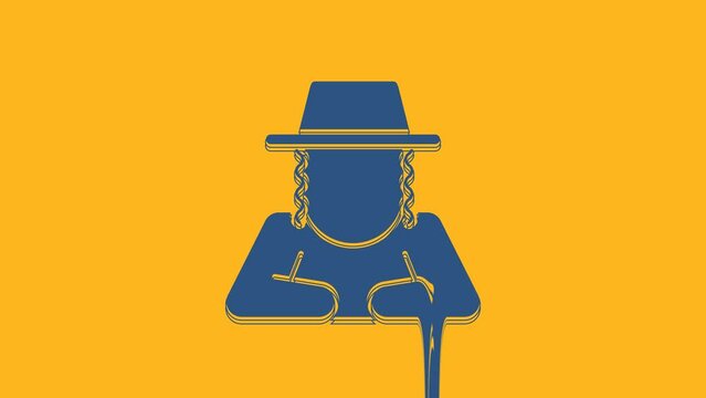 Blue Orthodox jewish hat with sidelocks icon isolated on orange background. Jewish men in the traditional clothing. Judaism symbols. 4K Video motion graphic animation