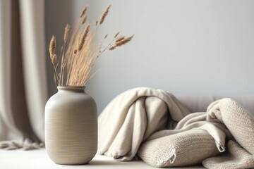 Fototapeta na wymiar Boho interior style: Modern gray ceramic vase with dry Lagurus ovatus dried grass