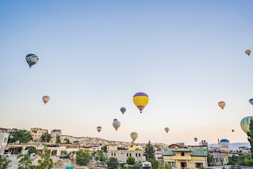 Colorful hot air balloon flying over Cappadocia, Turkey