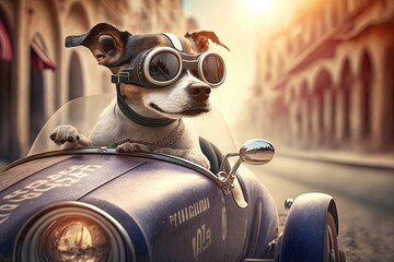 Dog in sunglasses drives a car around town. Generative AI