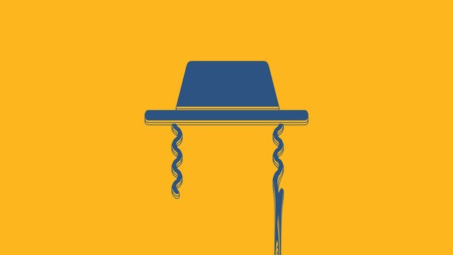 Blue Orthodox jewish hat with sidelocks icon isolated on orange background. Jewish men in the traditional clothing. Judaism symbols. 4K Video motion graphic animation