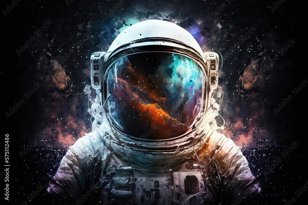 Wall mural astronaut in space suit with galaxy and nebula reflection in helmet glass. generative ai
