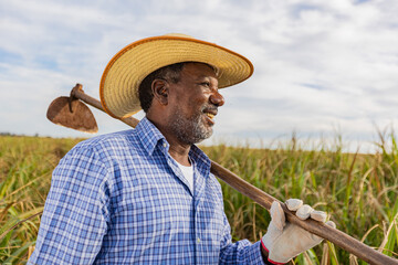 Black farmer smiling, with a hoe in his hands. Brazilian farmer. Family farming. Sugar cane. Closed plan.
