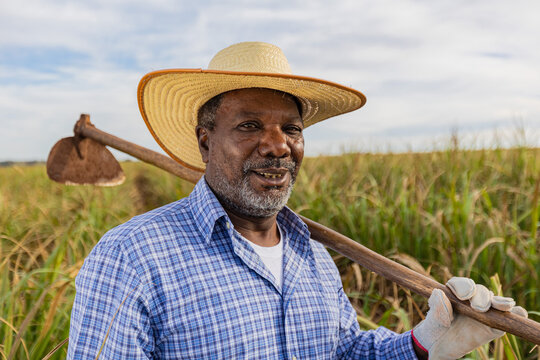 Black farmer smiling, with a hoe in his hands. Brazilian farmer. Family farming. Sugar cane. Closed plan.
