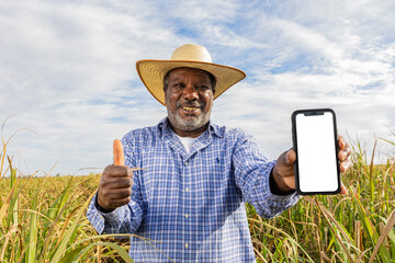 Black man Farmer smiling and showing his cell phone with a photo of the farm. Farmer celebrating....