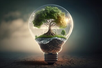 Light bulb with green tree inside with energy resources icon. Electricity and energy saving concept. Generative AI