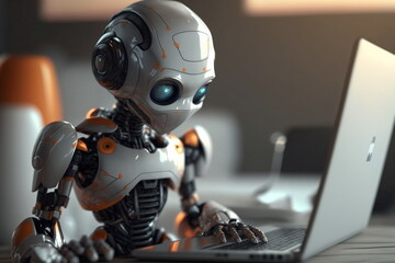 Adorable humanoid robot work in laptop. Generative AI