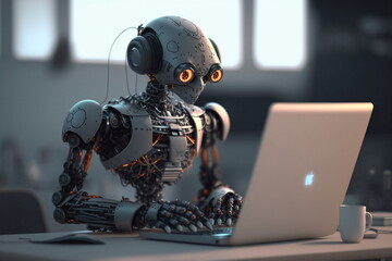 Adorable humanoid robot work in laptop. Generative AI