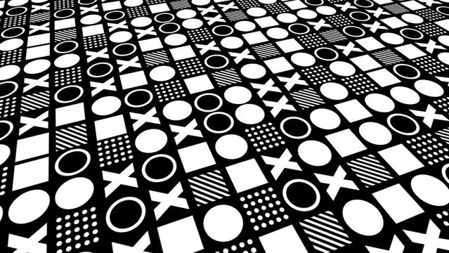 Black and white repeating pattern of geometric shapes with circle, square and X abstract background