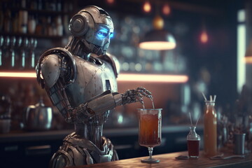 Adorable humanoid robot work like barman. Generative AI.