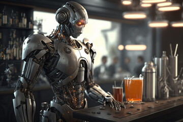 Adorable humanoid robot work like barman. Generative AI.