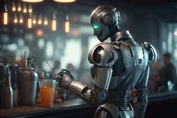 Adorable humanoid robot work like barman. Generative AI.
