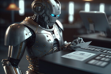 Adorable humanoid robot processed card on terminal. Robot work on shop POS system. Generative AI