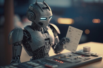 Adorable humanoid robot processed card on terminal. Robot work on shop POS system. Generative AI