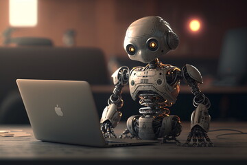 Adorable humanoid robot work in laptop. Generative AI