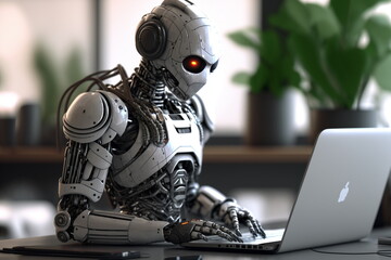 Adorable humanoid robot work in laptop. Generative AI