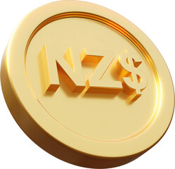 Golden New Zealand Dollar coin 3d render illustration