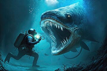 Sea monster attacks diver. Fantasy underwater scene. Generative AI
