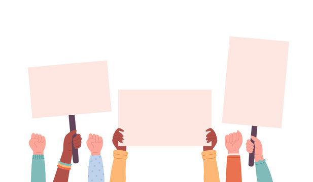 People of different races, nationalities holding banners and placards. Activism, social movement, demonstration. Democracy, rally and protest. Vector illustration in flat style