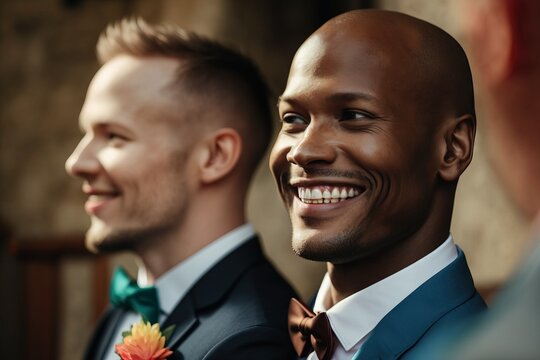 Freedom of marriage. Happy interracial gay couple on the LGBT same-sex wedding ceremony