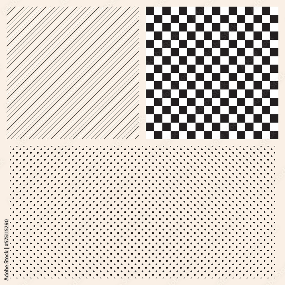 Poster set of three most popular seamless backgrounds - polka dots, checks and diagonal lines.