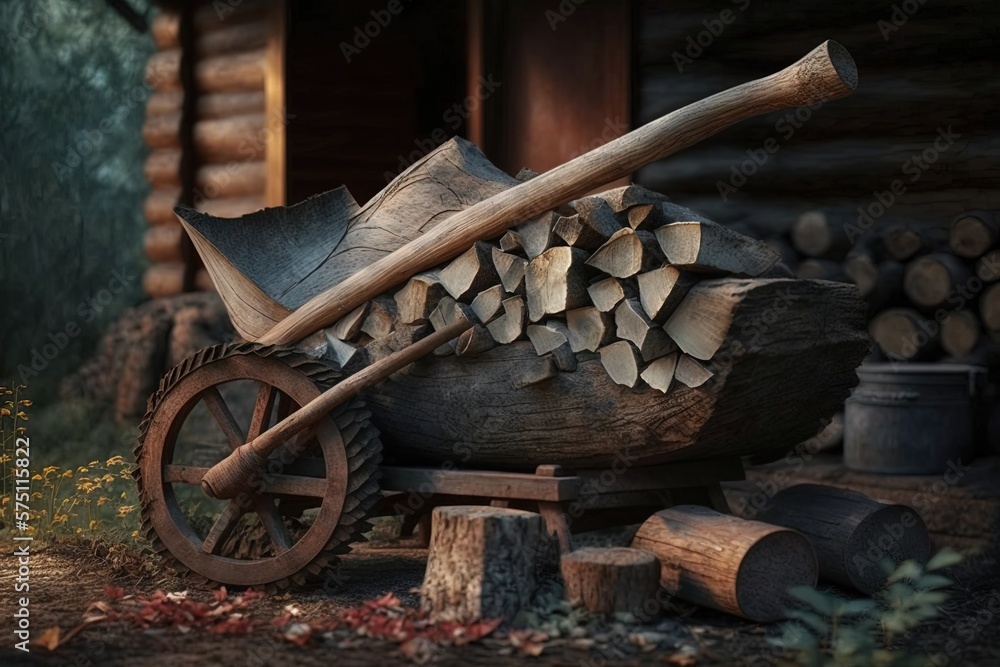Poster the use of an ax on a log of wood. a pile of firewood sits in a wheelbarrow in the backdrop. generat
