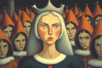 Fairytale Oil Painting Style Illustration of a Fierce White Haired Queen and Her Red Robed Female Followers. [Sci-Fi, Fantasy, Historic, Horror Character. Graphic Novel, Video Game, Comic Portrait.]