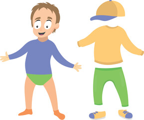 Dress up boy, game for children. Cute cartoon kid in casual clothes for spring or autumn season. Worksheet for kids, magazine.