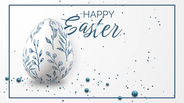 White background with realistic 3D models of Easter egg with painted patterns. Looped spring animation with falling blue balls and confetti. Happy Easter.