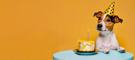 Dog's birthday. Happy Jack Russell Terrier in a festive hat, and a birthday cake with candles. Pet shop advertisement, banner with space for your text. AI